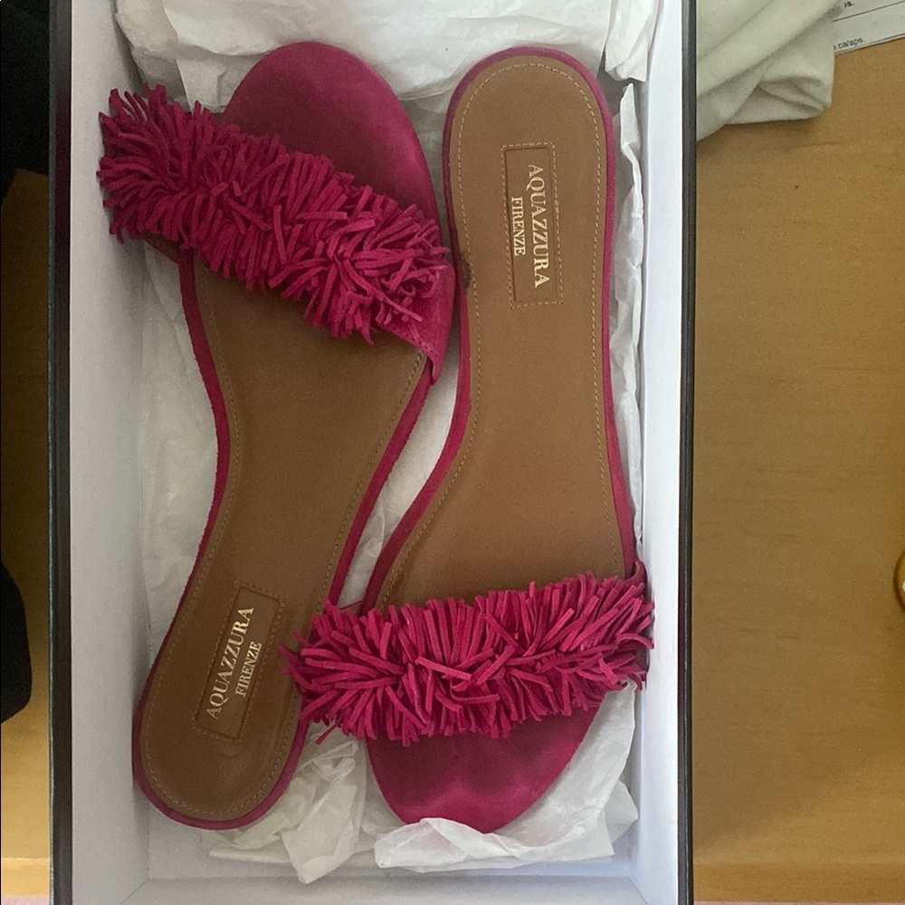 Aquazzura Pink Fringe Slide Sandals